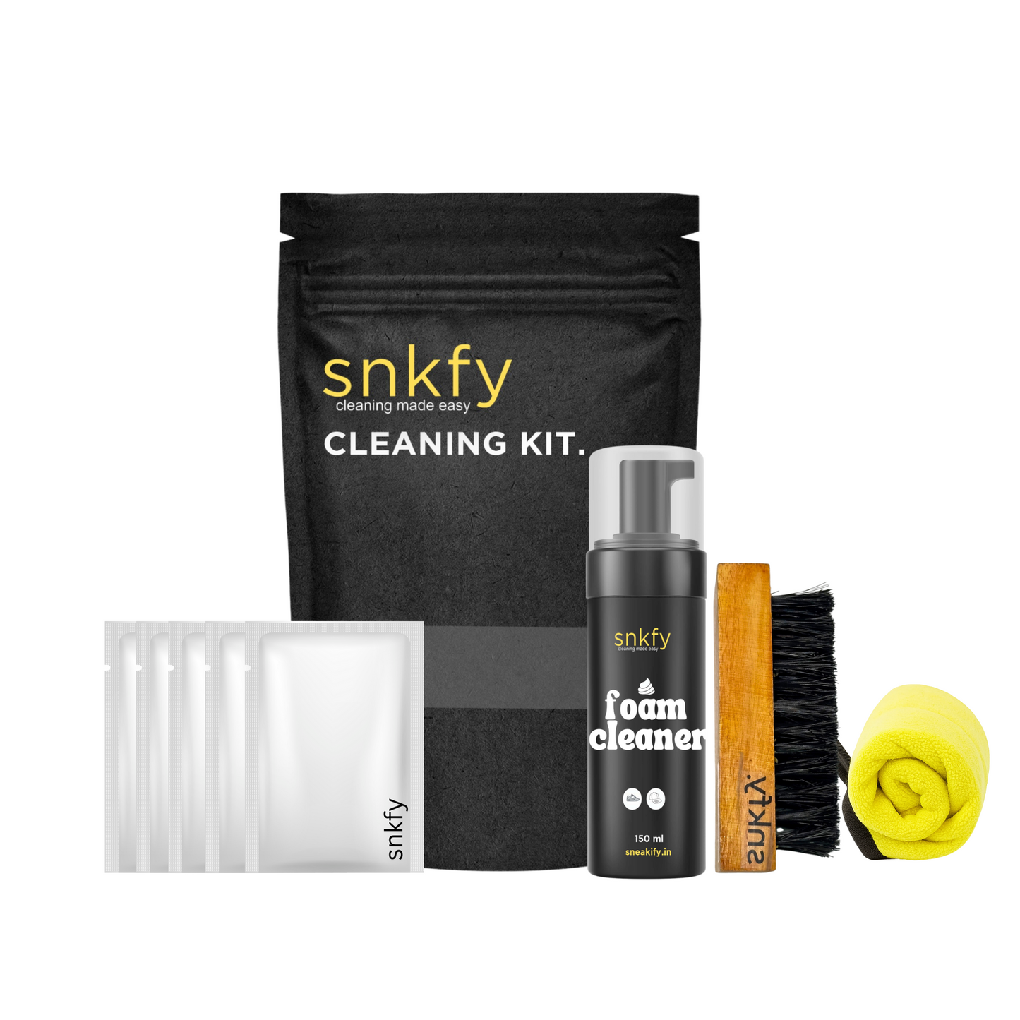 SNKFY Sneaker Travel Essential Kit – Complete Shoe Cleaning & Protection Set | Foam Cleaner, Sole Fresh Deodorizer, Repel Guard, Brush, Microfiber Cloth & Wipes | Travel Pouch Included