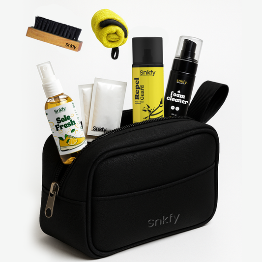 SNKFY Sneaker Travel Essential Kit – Complete Shoe Cleaning & Protection Set | Foam Cleaner, Sole Fresh Deodorizer, Repel Guard, Brush, Microfiber Cloth & Wipes | Travel Pouch Included